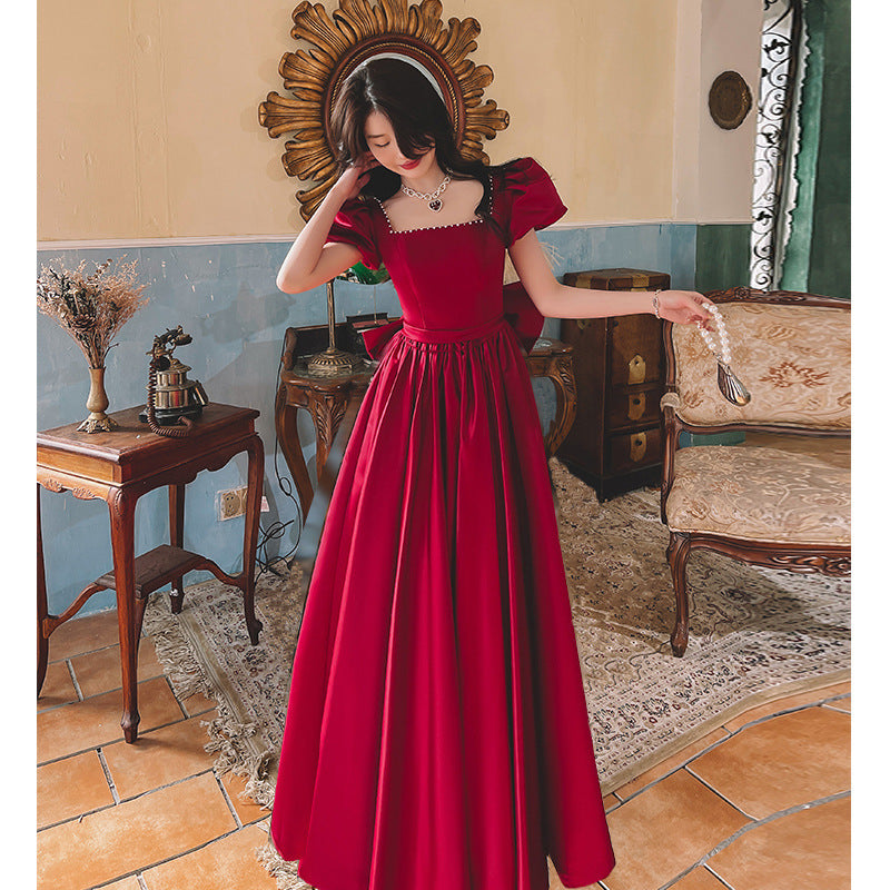 Wine Red Satin French Dress