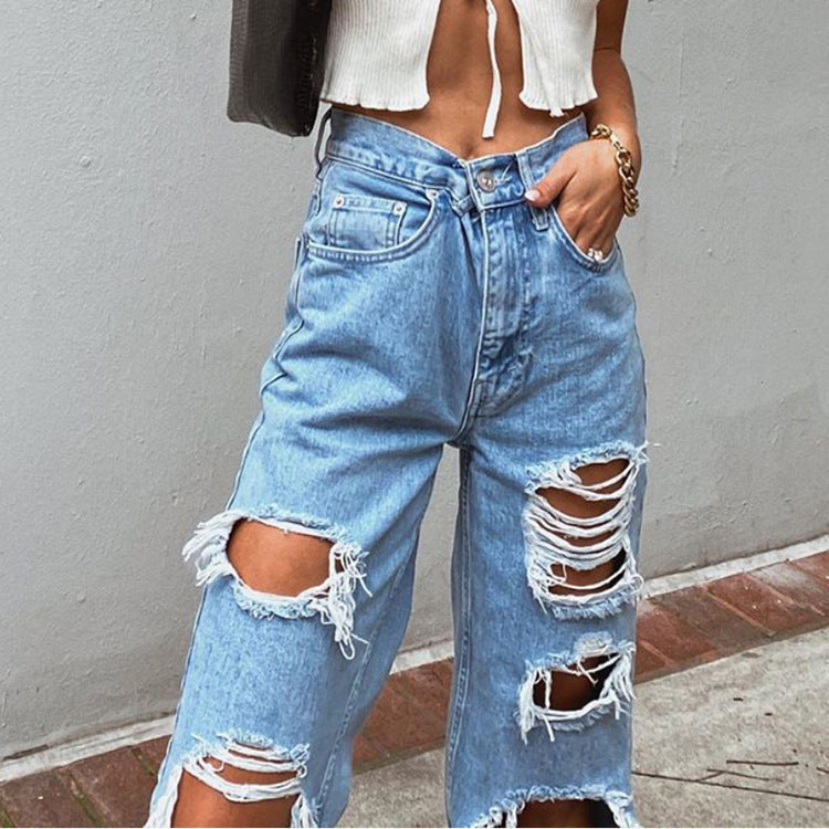 Retro High Waist Ripped Wide-Leg Jeans