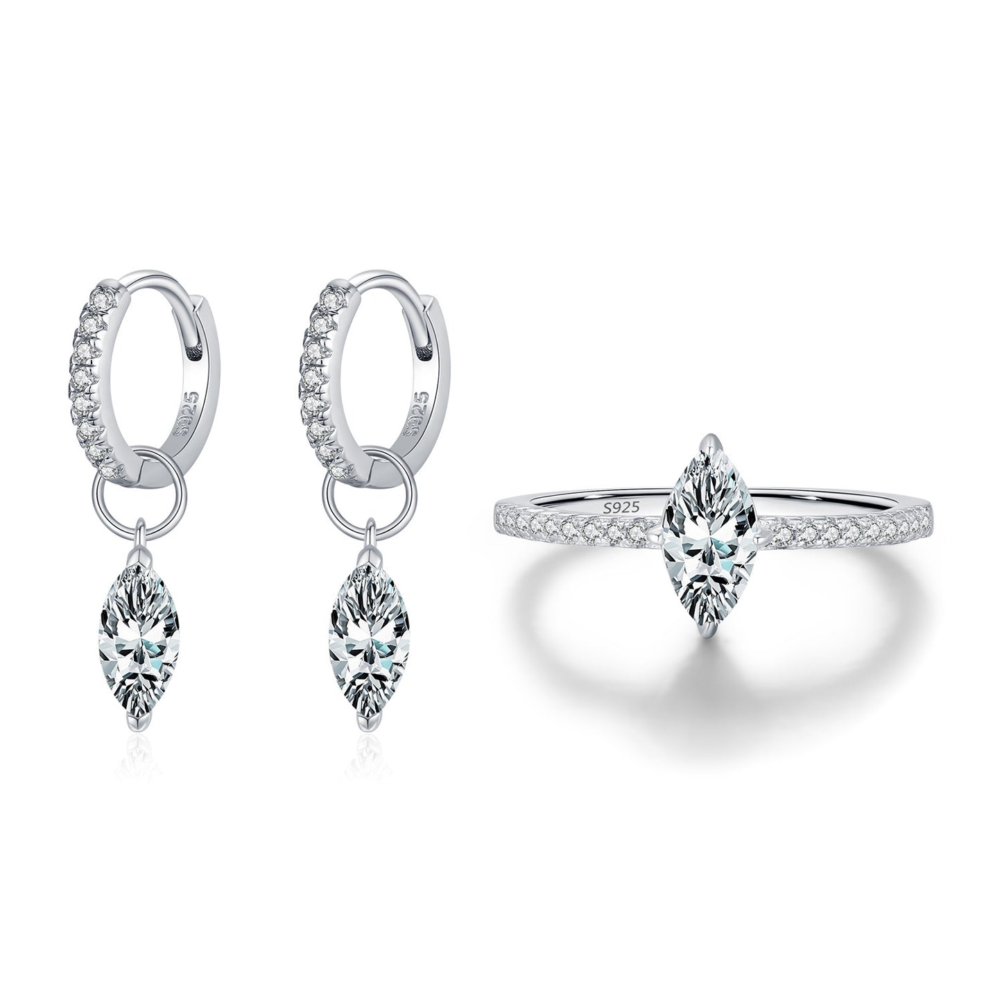S925 Sterling Silver Light Luxury Diamond Ring & Earrings