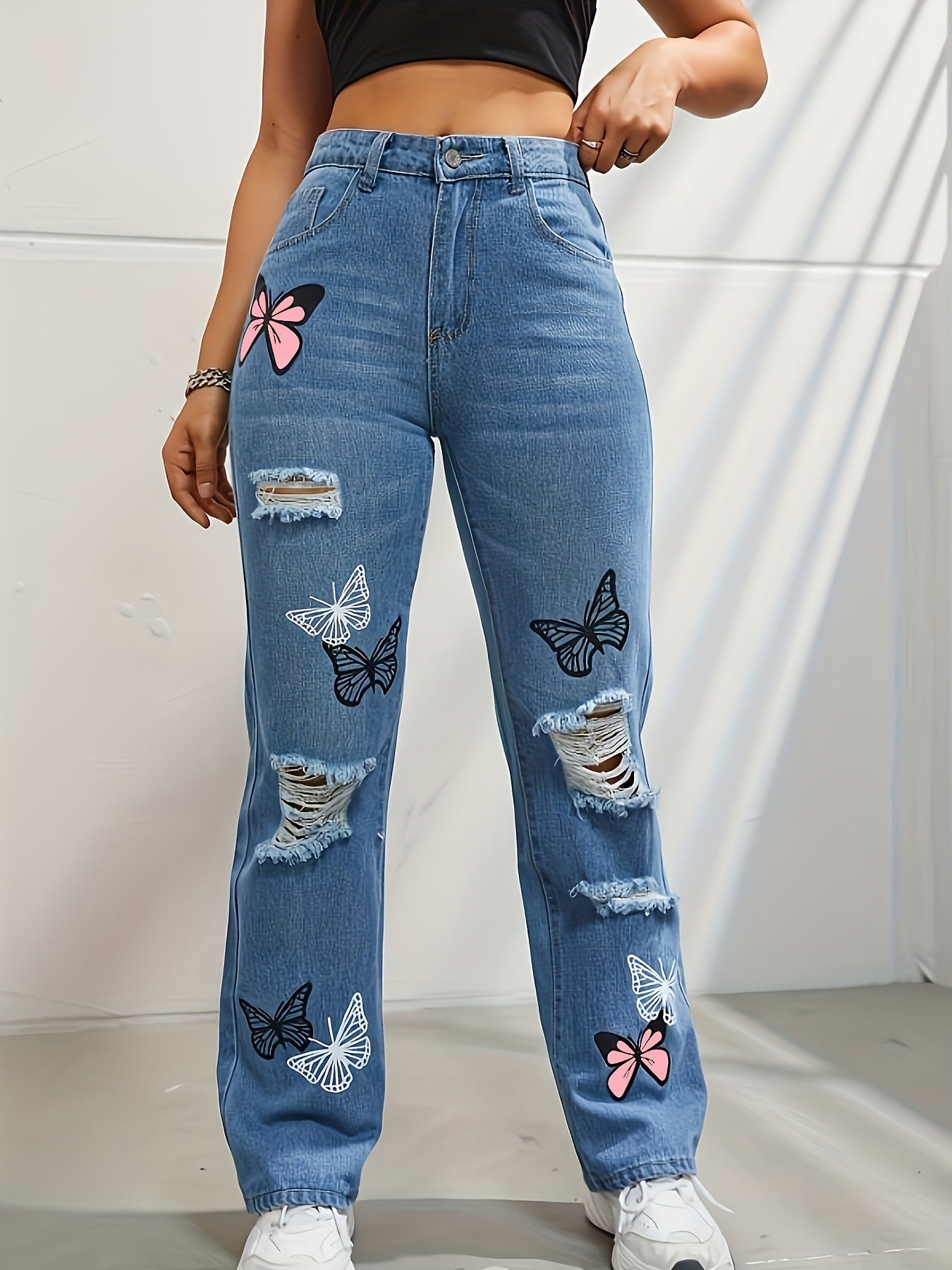 High-Waisted Butterfly Print Ripped Jeans