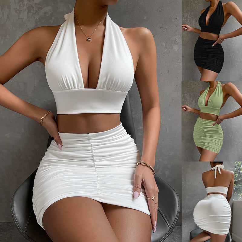 Halter Top Pleated Hip-covering Skirt Suit
