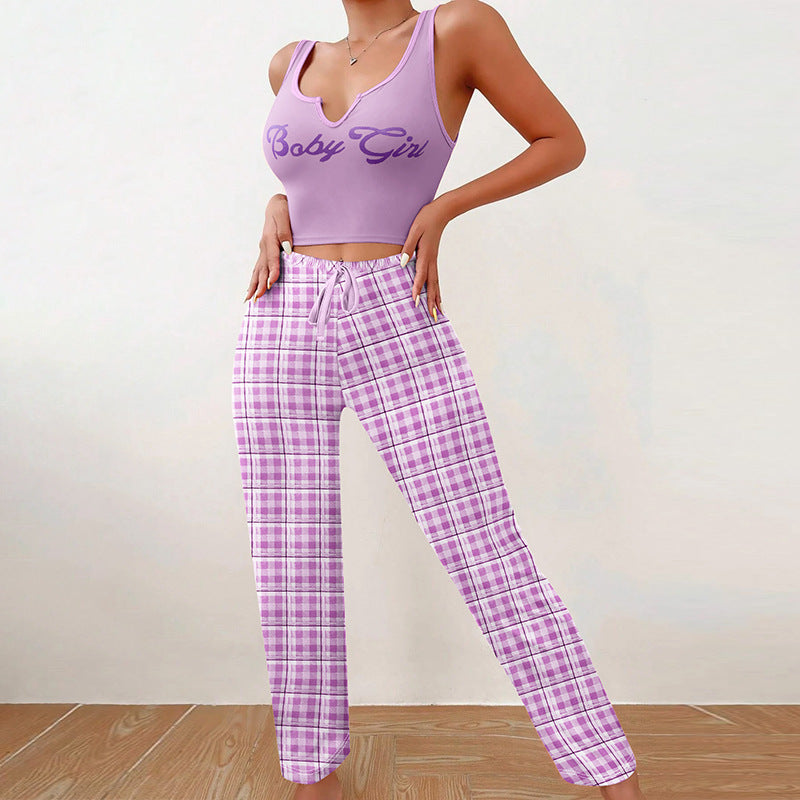 Plaid Trousers & Tee Pajama Set