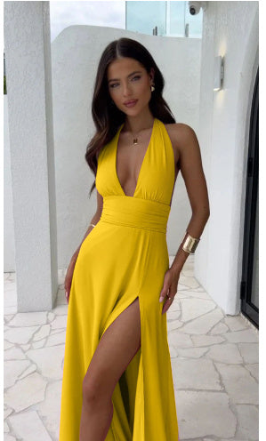 Sexy Backless V-Neck Slit Dress