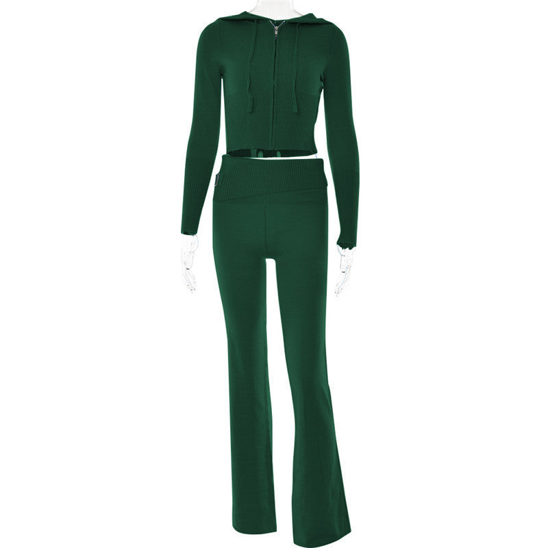 Hoodie Style Long Sleeve Sweater & High Waist Long Pants Set