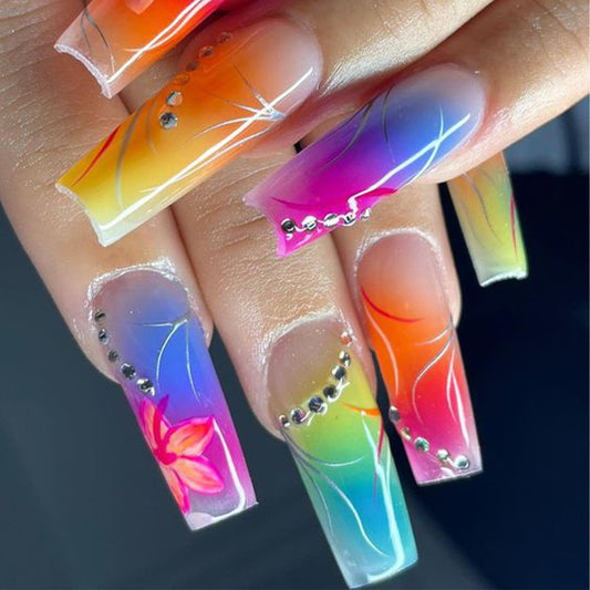 Color Gradient Flower Rhinestone Nails