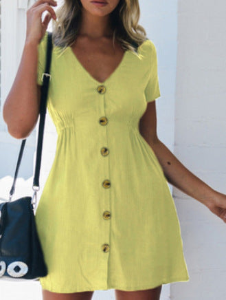V-neck Slim Single Row Button Dress