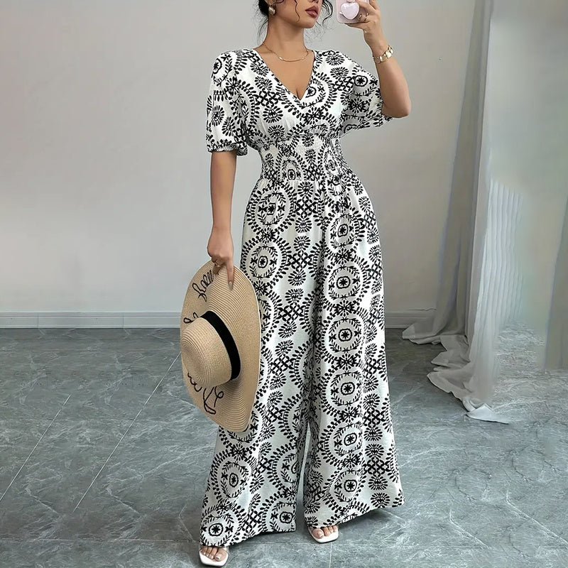 Short Sleeve V Neck Smocked Wide Leg Jumpsuit