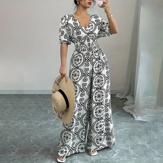 Short Sleeve V Neck Smocked Wide Leg Jumpsuit
