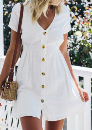 V-neck Slim Single Row Button Dress
