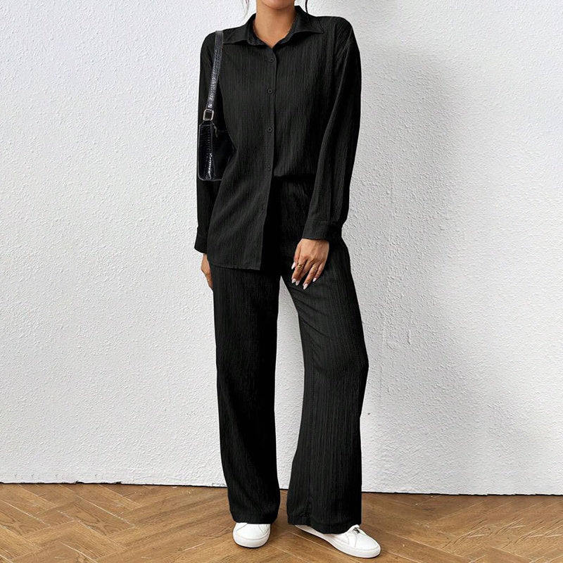 2 Piece Casual Long Sleeve Shirt And Wide Leg Pant Sets