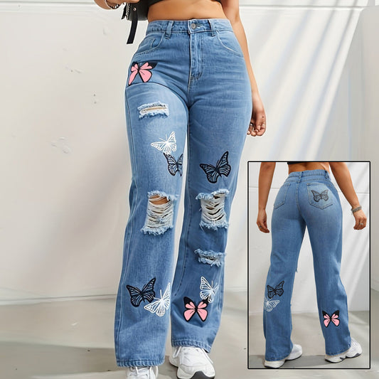 High-Waisted Butterfly Print Ripped Jeans