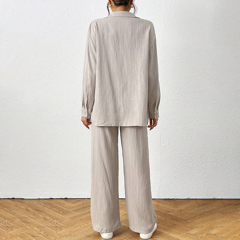2 Piece Casual Long Sleeve Shirt And Wide Leg Pant Sets