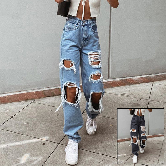 Retro High Waist Ripped Wide-Leg Jeans