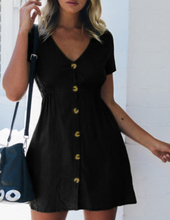 V-neck Slim Single Row Button Dress