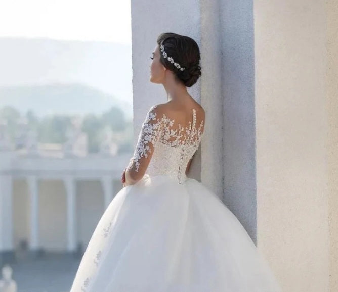 Mesh Long Sleeve Embroidered Wedding Dress
